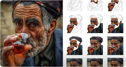 Portrait study with iterative digital painting stages